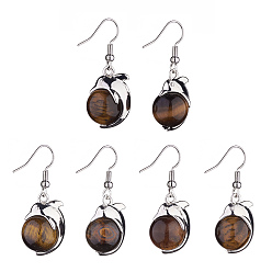 Tiger Eye Natural Tiger Eye Dolphin Dangle Earrings with Crystal Rhinestone, Platinum Brass Jewelry for Women, 38mm, Pin: 0.6mm