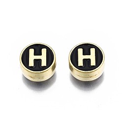 Letter H Alloy Enamel Beads, Cadmium Free & Lead Free, Light Gold, Flat Round with Alphabet, Black, Letter.H, 8x4mm, Hole: 1.5mm