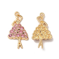 Pink Rack Plating Alloy Pandants, with Glass, Nickel Free, Dancing Girl Charms, Golden, Pink, 31x16x4mm, Hole: 1.6mm
