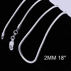 Silver Brass Round Snake Chain Necklaces, with Lobster Claw Clasps, Silver Color Plated, 18 inch, 2mm