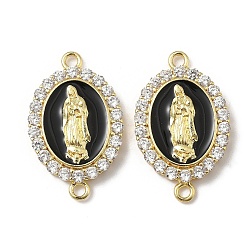 Черный Латунный микропаве прозрачный кубический цирконий эмалированный овал с подвесками-соединителями Девы Марии, реальный 18 k позолоченный, стойки покрытие, без свинца и без кадмия, долговечный, чёрные, 27x16.5x4 мм, отверстие : 1.8 мм