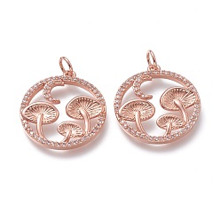Real Rose Gold Plated Autumn Theme Brass Micro Pave Clear Cubic Zirconia Pendants, with Jump Rings, Long-Lasting Plated, Flat Round with Mushroom, Real Rose Gold Plated, 21x19x3mm, Hole: 3.5mm