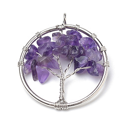 Amethyst Natural Amethyst Pendants, with Iron Findings, Tree of Life, Platinum, 34x30x5~8mm, Hole: 2.5mm