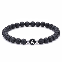 A Natural Volcanic Stone Letter Bracelet with Elastic Cord - 26 English Alphabet Charms for Couples