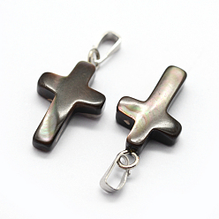 Platinum Shell Pendants, with Brass Findings, Cross, Dyed, Platinum, 18~20x9~11x3~5mm, Hole: 2x5mm
