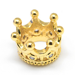 Золотой Стойки обшивки латунь микро проложить кубического циркония бусы, корона, бусины с большим отверстием, долговечный, золотые, 11x7 мм, отверстие : 6 мм
