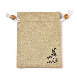 Bisque Burlap Packing Pouches, Drawstring Bags, with Wood Beads, Bisque, 13.8~14.3x10.8~11.5cm
