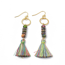 Colorful Nylon Tassels Dangle Earrings, with Natural Regalite/Imperial Jasper/Sea Sediment Jasper and Iron Findings, Colorful, 79mm, Pin: 0.5mm, Pendant: 27mm