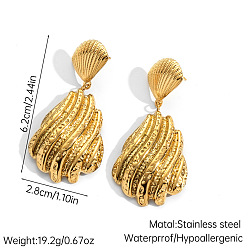 Shell Shape Текстурированные 304 серьги-гвоздики из нержавеющей стали, реальный 18 k позолоченный, формы раковины, 62x28 мм