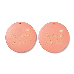 Легкий Лосось Древесины подвески, Плоские круглые подвески с надписью «Сделано с любовью», светлый померанцевый, 39.5~40.5x5~5.5 мм, отверстие : 1.4 мм