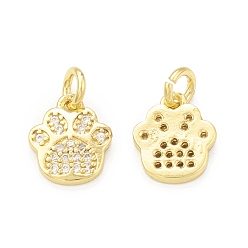 Real 18K Gold Plated Rack Plating Brass Micro Pave Clear Cubic Zirconia Charms, with Jump Ring, Cadmium Free & Lead Free, Long-Lasting Plated, Dog Paw Print Charm, Real 18K Gold Plated, 11x9.5x2mm, Hole: 3mm