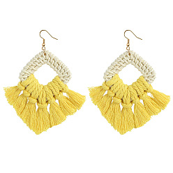 Yellow Bohemian Style Cotton Tassel Fan-shaped Earrings for Beach Vacation