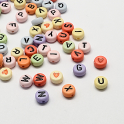 Mixed Color Colorful Acrylic Horizontal Hole Letter Beads, Flat Round with Letter, Mixed Color, 7x4mm, Hole: 1.3mm, about 3600pcs/500g