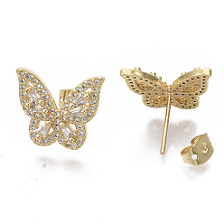 Real 16K Gold Plated Brass Micro Pave Clear Cubic Zirconia Stud Earrings, with Earring Backs, Nickel Free, Butterfly, Real 16K Gold Plated, 13.5x16mm, Pin: 1mm