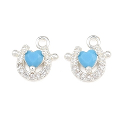 Argent Breloques en laiton serties de micro-pavés de zircon cubique bleu ciel profond, fer à cheval avec breloques en forme de cœur, argenterie, 10x10x2.5mm, Trou: 1.6mm