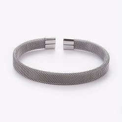 Stainless Steel Color 304 Stainless Steel Mesh Bangles, Cuff Bangles, Stainless Steel Color, 60x46mm
