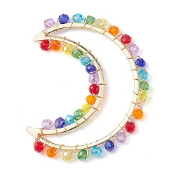 Golden Colorful Glass Beaded Big Pendants, with Brass Finding, Crescent Moon Charms, Golden, 57x43x4mm
