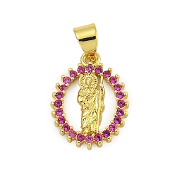 Темно-Розовый Стойка металлическая латунная микропрофилированная кубическая циркония подвески, долговечный, без кадмия и без свинца, реальный 18 k позолоченный, плоский круглый с королем, темно-розовыми, 16x12x3 мм, отверстие : 4.5x3.5 мм