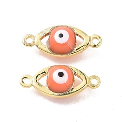 Coral Brass Enamel Connector Charms, Real 18K Gold Plated, Evil Eye, Coral, 6x14x4mm, Hole: 1mm