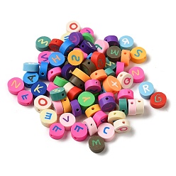 Mixed Color Handmade Polymer Clay Beads, Round with Letter, Mixed Color, 10x4mm, Hole: 1.6mm