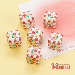 Chocolat Perles acryliques imprimés opaques, cube avec motif fleur & tartan, chocolat, 14x14mm