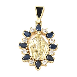 Marine Blue Religion Brass Pave Cubic Zirconia Pendants, with Enamel, Oval with Saint Benedict Charms, Lead Free & Cadmium Free, Long-Lasting Plated, Rack Plating, Real 18K Gold Plated, Marine Blue, 36mm, Pendant: 29x20x4mm, Hole: 5.5x3mm