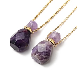Amethyst Openable Faceted Natural Amethyst Perfume Bottle Pendant Necklaces for Women, 304 Stainless Steel Cable Chain Necklaces, Golden, 18.54 inch(47.1cm)