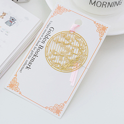 Round Metal Sakura Bookmarks with Pink Ribbon, Golden Brass Hollow Bookmark Gift for Book Lovers, Teachers, Reader, Round, 110x60mm