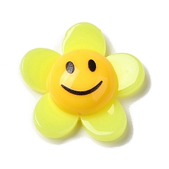 Yellow Acrylic Cabochons, Flower with Smiling Face, Yellow, 24.5x25.5x8.5mm