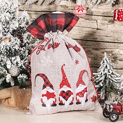 Rouge Toile de jute imprimée gnome de noël sacs à cordon, pochettes de rangement cadeau tartan rectangle, fournitures de fête de noël, rouge, 56x37x0.5 cm