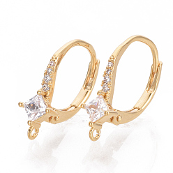 Clear Brass Cubic Zirconia Leverback Earring Findings, with Loop, Nickel Free, Real 18K Gold Plated, 18x11.5x5mm, Hole: 1mm, pin: 0.7mm