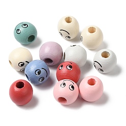 Mixed Color Spray Painted Natural Wood European Beads, Round with Emotion, Mixed Color, 13.5~14x13mm, Hole: 5mm, about 625pcs/500g