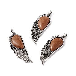 Камень с Пылевым Золотом Большие подвески из синтетического сплава с золотым камнем, без свинца и без кадмия, крыло, античное серебро, 57.5x21.5x7.5 мм, отверстие : 6x5 мм