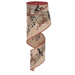 Tan Printed Polyester Imitation Burlap Ribbons, Christmas Reindeer Ribbon, Musical Note, Tan, 2-1/2 inch(63mm), 10 yards/roll