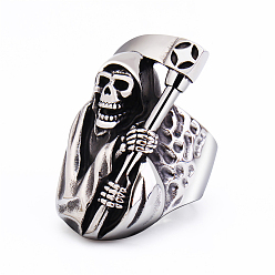 Antique Silver Titanium Steel Rings for Men, Halloween Skull Death with Sickle Wide Band Ring, Antique Silver, US Size 9(18.9mm)