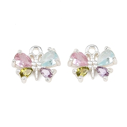 Silver Brass Micro Pave Colorful Cubic Zirconia Charms, Butterfly Charms, Silver, 8x10x3mm, Hole: 1.2mm