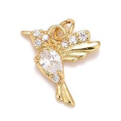 Прозрачный Кубического циркония подвески, с реечным покрытием из настоящей позолоченной латуни 18k, с прыжковых колец, долговечный, без свинца, без кадмии и без никеля, птица, прозрачные, 16x15x3.5 мм, Перейти кольцо: 5x0.8 мм, 3.4 мм внутренним диаметром