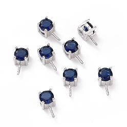 Dark Blue Rhodium Plated 925 Sterling Silver Peg Bails, with Cubic Zirconia, Square, Platinum, Dark Blue, 9x4x4.5mm, Hole: 2.5x1.5mm, Pin: 0.6mm