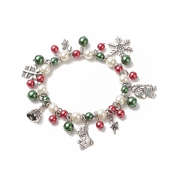Colorful Glass Pearl Beaded Stretch Bracelet, Candy Cane & Snowflake & Santa Claus & Bell Alloy Charms Christmas Bracelet for Women, Colorful, Inner Diameter: 2-1/4 inch(5.6cm)