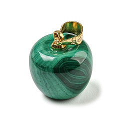 Golden Natural Malachite Pendants, Apple Charms with Alloy Snap on Bails, Golden, 13.5x12mm, Hole: 3.7x4.2mm