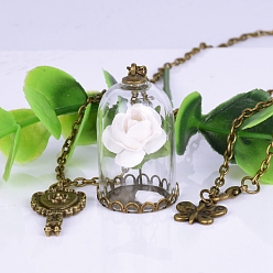 White Butterfly & Key & Glass Dried Flower Wishing Bottle Pendant Necklace, with Antique Bronze Alloy Cable Chains, White, 33.46 inch(85cm)