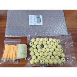 Yellow 50Pcs Natural Wooden Beads with Tartan Pattern, 10Pcs Polyester Tassel Big Pendant Decorations, 1 Roll Cotton String Threads, for DIY Jewelry Finding Kits, Yellow, 16mm, Hole: 4mm, 50pcs/bag