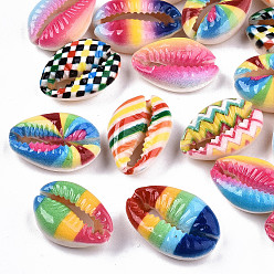 Mixed Color Printed Natural Cowrie Shell Beads, No Hole/Undrilled, with Rainbow Pattern, Mixed Color, 18~22x13~14x6~8mm
