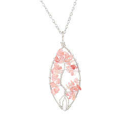 Cherry Quartz Glass Synthetic Cherry Quartz Glass Chips Beaded Horse Eye with Tree Pendant Necklaces, with Platinum Brass Chains, 20.08 inch(51cm)