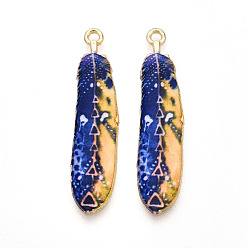 Синий Стойки подвески обшивки сплава, напечатанный, без свинца, без кадмии и без никеля, очарование перьев, золотой свет, синие, 38x9x1.5 мм, отверстие : 1.8 мм