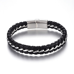 Stainless Steel Color Leather Cord Bracelets, with 304 Stainless Steel Magnetic Clasps, Black, Stainless Steel Color, 9 inch(22.8cm), 11.5mm