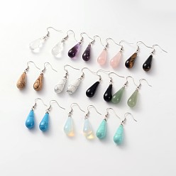 Mixed Stone Teardrop Platinum Tone Brass Natural & Synthetic Mixed Stone Dangle Earrings, 47mm, Pin: 0.7mm