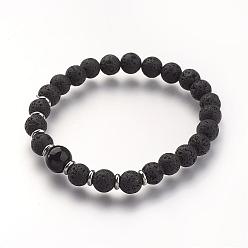 Black Natural Gemstone Beads Stretch Bracelets, with 304 Stainless Steel Bead Spacers, Black, 2-1/4 inch(56mm)