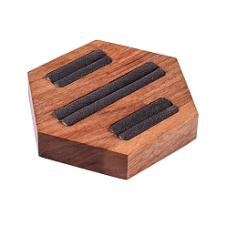Black 3-Slot Hexagon Walnut Wood Ring Display Stands, Rings Jewelry Organizer Holder with Velvet, Black, 10x8.8x1.7cm