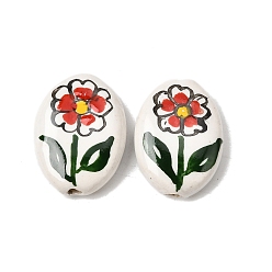 Красный Фарфоровые бусины ручной работы, овальные с цветком, пастельный фарфор, красные, 21~22.5x16~16.5x6~6.5 мм, отверстие : 1.5 мм
